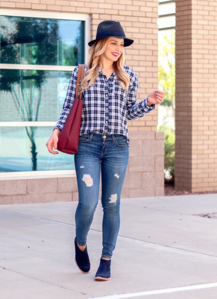 black and white checked shirt with felt hat and dark blue suede boots