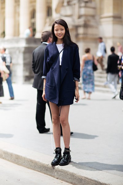 Dark blue longline blazer with white t-shirt and high waisted mini skirt