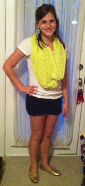 yellow printed summer scarf with white t-shirt and black mini shorts