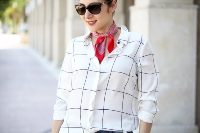 white and black checked shirt with red mini silk summer scarf