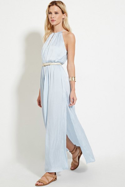sky blue maxi dress with halter neck and belt with bare sandals