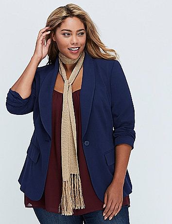 Dark blue blazer with gold sequin fringed scarf and skinny jeans