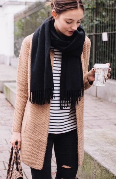 blushing pink longline wool coat with striped t-shirt and black scarf