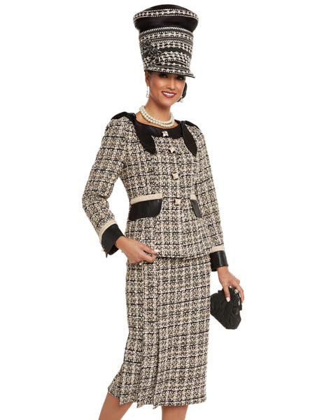 black and light yellow checkered tweed church suit with matching hat
