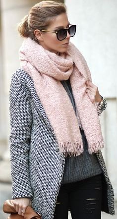 Light pink fringed scarf with black and white tweed blazer and leather leggings