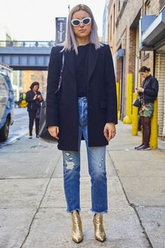 black wool coat with torn ankle jeans