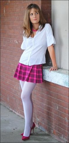 Button-up shirt with a pink checked skirt and white leggings
