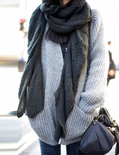 light gray, ribbed, chunky sweater with scarf as a scarf