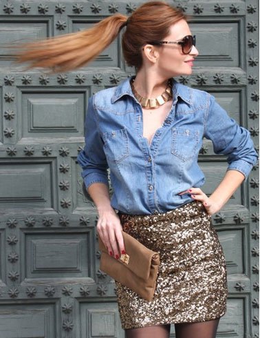 Chambray shirt with mini sequin gold bodycon skirt