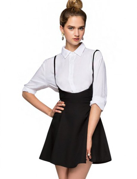 white shirt with buttons and black mini high skirt