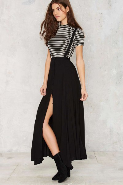 black and white striped mock-neck t-shirt with side slit skirt with maxi straps