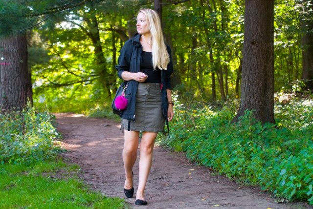 black casual jacket with gray mini skirt