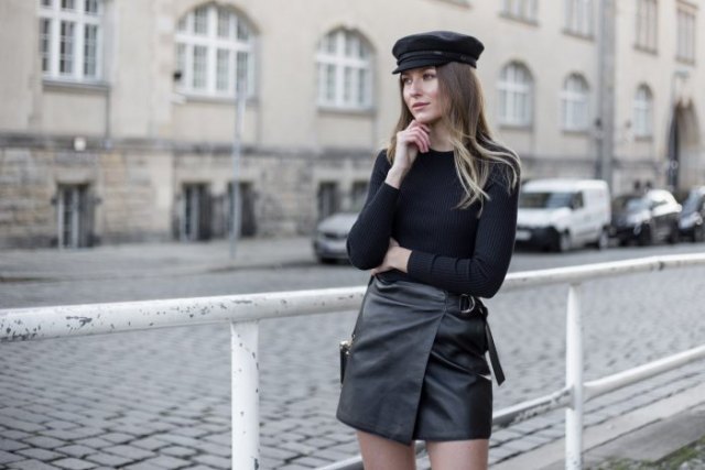 Leather painting hat with long-sleeved t-shirt and moto wrap mini skirt