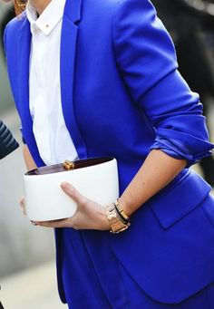 blue suit with a white, slim-fitting shirt