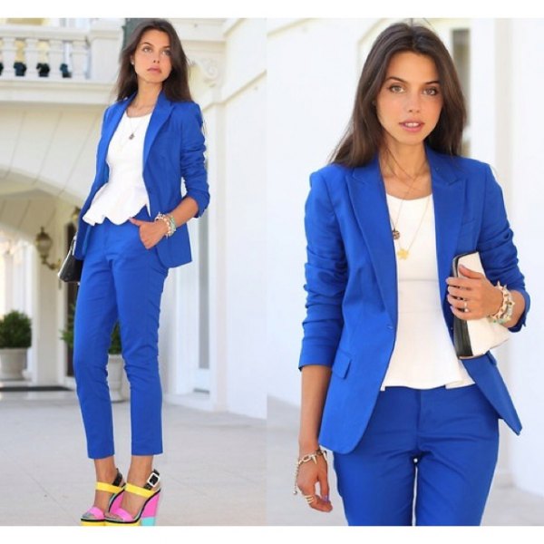 Royal blue slim fit suit with white peplum blouse and yellow heels