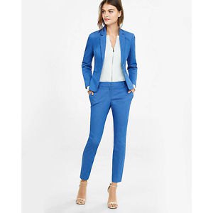 white zipper blouse with blue suit jacket and ankle pants