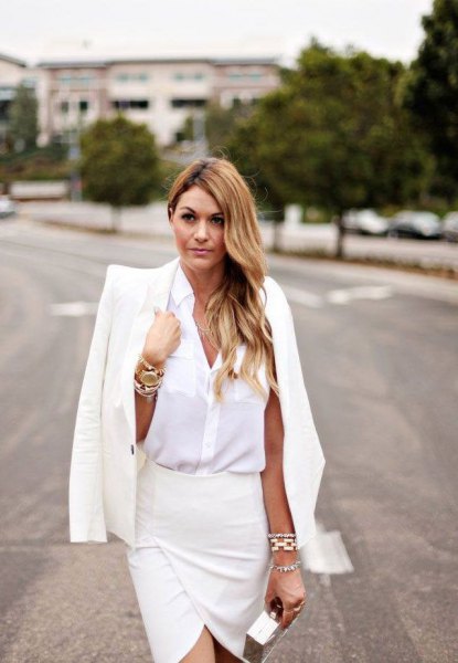 white shirt with buttons, matching suit jacket and wrap skirt