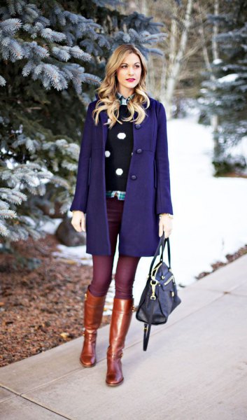 Dark blue wool coat dress with gold knee high boots