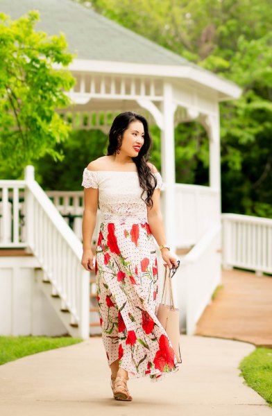 white lace blouse with red maxi skirt and bare sandals