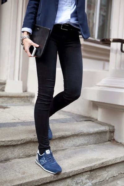 black blazer with white shirt and dark blue sneakers