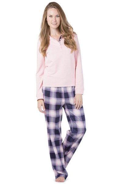 light pink sweater long sleeve t-shirt with black and white checked pants