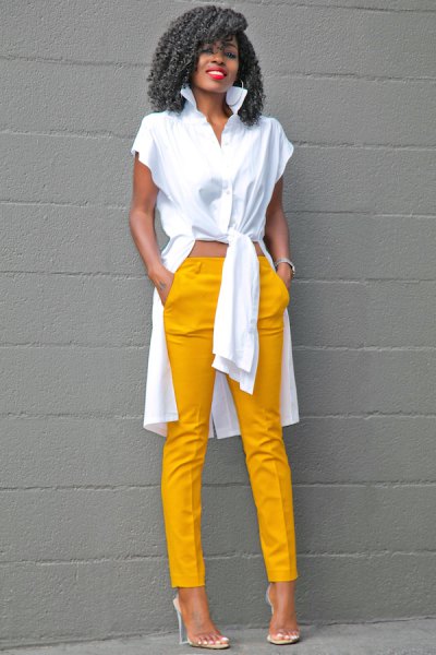 white high low blouse with mustard yellow pants