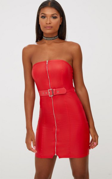red faux leather tube dress with zipper in front and collar