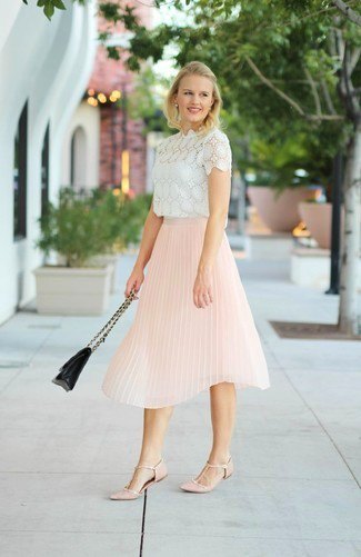 white lace short sleeve blouse with light yellow pleated skirt