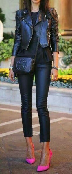 black tailored and short moto jacket with shortened leather pants