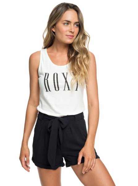 white graphic tank with scoop neck and black shorts