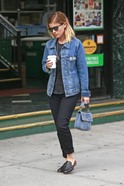 blue denim jacket with black jeans with cuffs