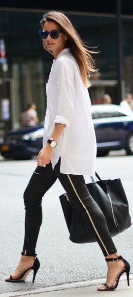 oversized white shirt with black leather leggings with zip