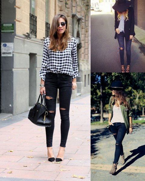 plaid shirt with buttons and black skinny jeans