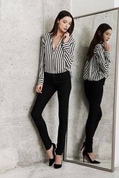 black and white striped long sleeve blouse with chinos