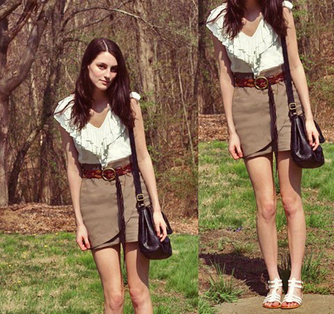 white shirt with fringes and frills with gray wrap skirt with high waist