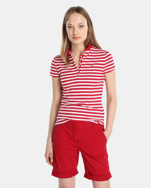 red and white striped polo shirt with knee-length shorts