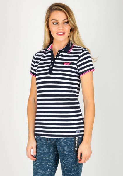 black and white striped polo shirt with dark blue leggings