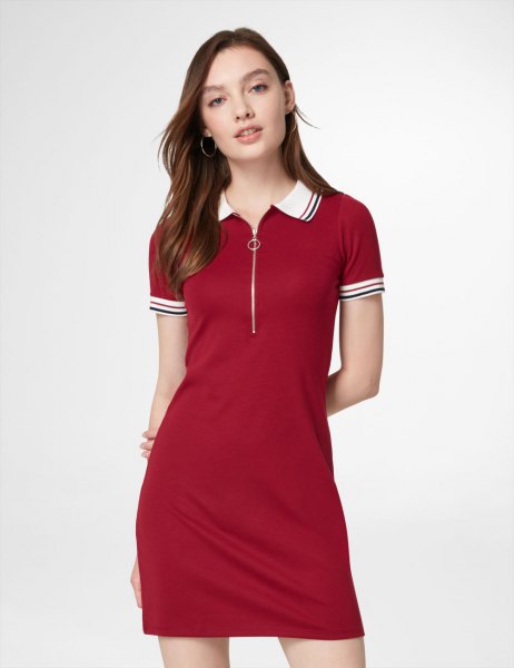 red, slim cut polo shirt dress with white collar