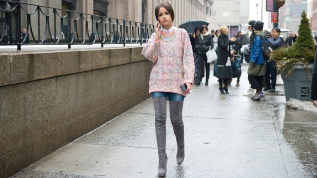 gray mottled, thick sweater with white collar shirt and over the knee boots