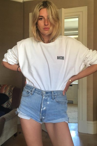 white long sleeve t-shirt with mini denim shorts for mothers