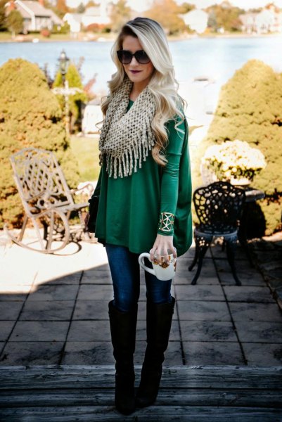 Emerald peplum long sleeve top with fringed infinity scarf