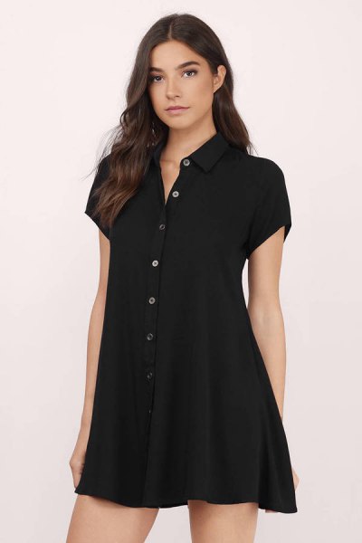 all black buttoned, slightly flared mini shirt dress
