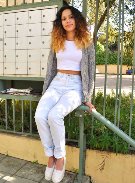 white crop top with heather gray cardigan