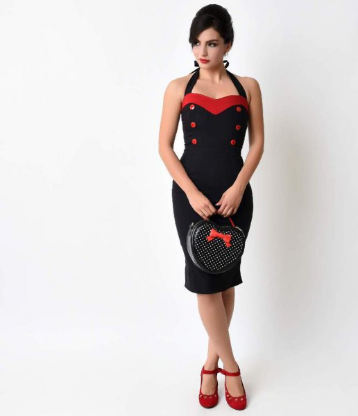 black and red midi dress with halter