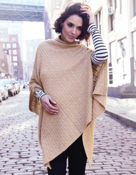 Camel cable pattern scarf with black and white striped long-sleeved T-shirt