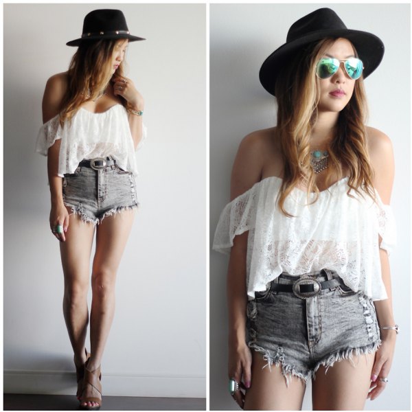 white, semi-transparent tube top made of chiffon with gray, high waisted, torn denim shorts