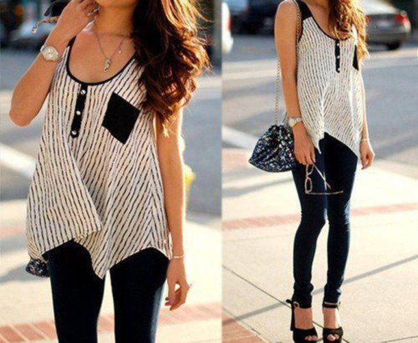 Sleeveless top with tunic in black and white and skinny jeans
