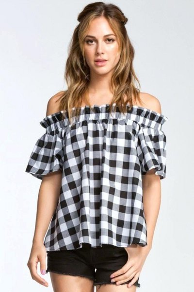black and white checked shoulder blouse with mini denim shorts