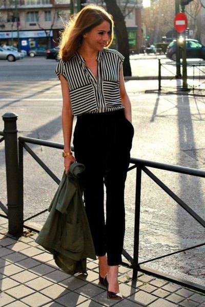 black and white striped sleeveless blouse with shortened chinos