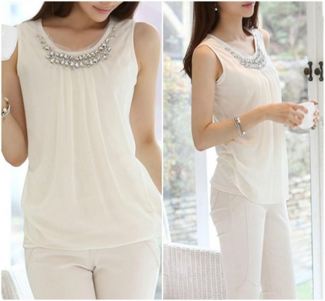 sleeveless top made of white chiffon with slim-fitting trousers